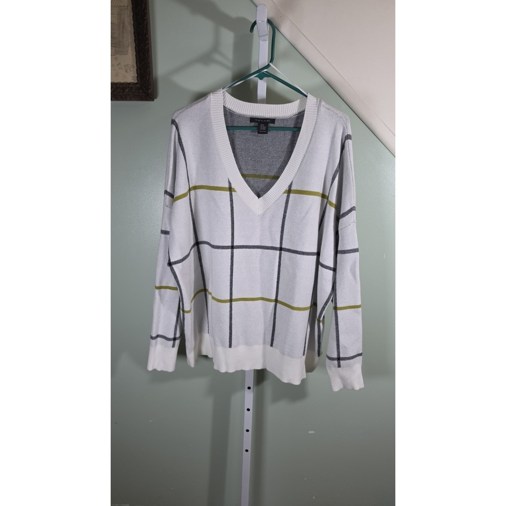 Tahari Womens Windowpane Plaid V-Neck Knit Sweater White Gray Green Pullover 3X